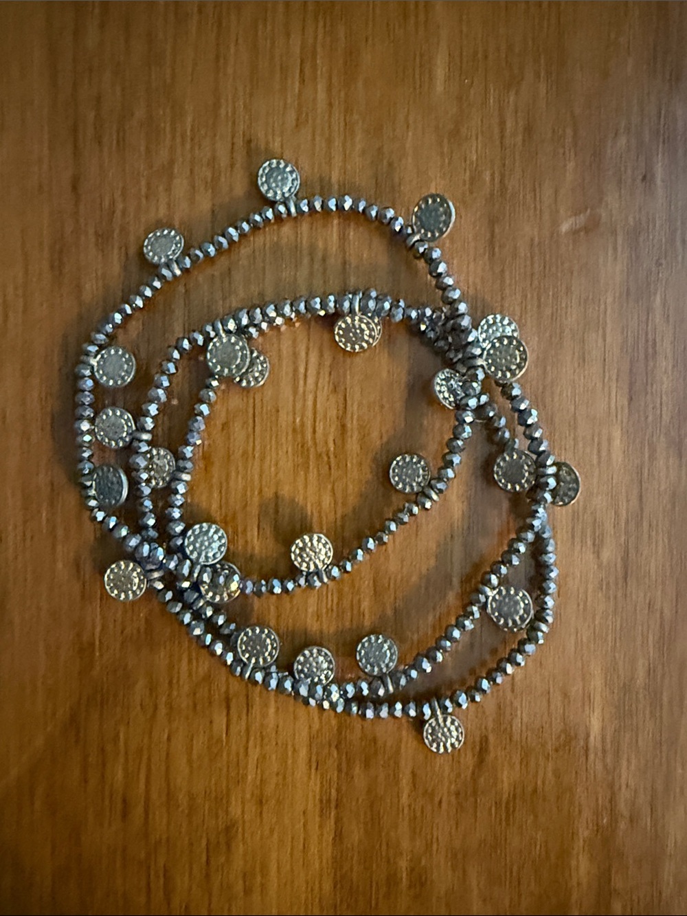 Set of 3 Silver Tone Beaded Coin Charm Bracelets